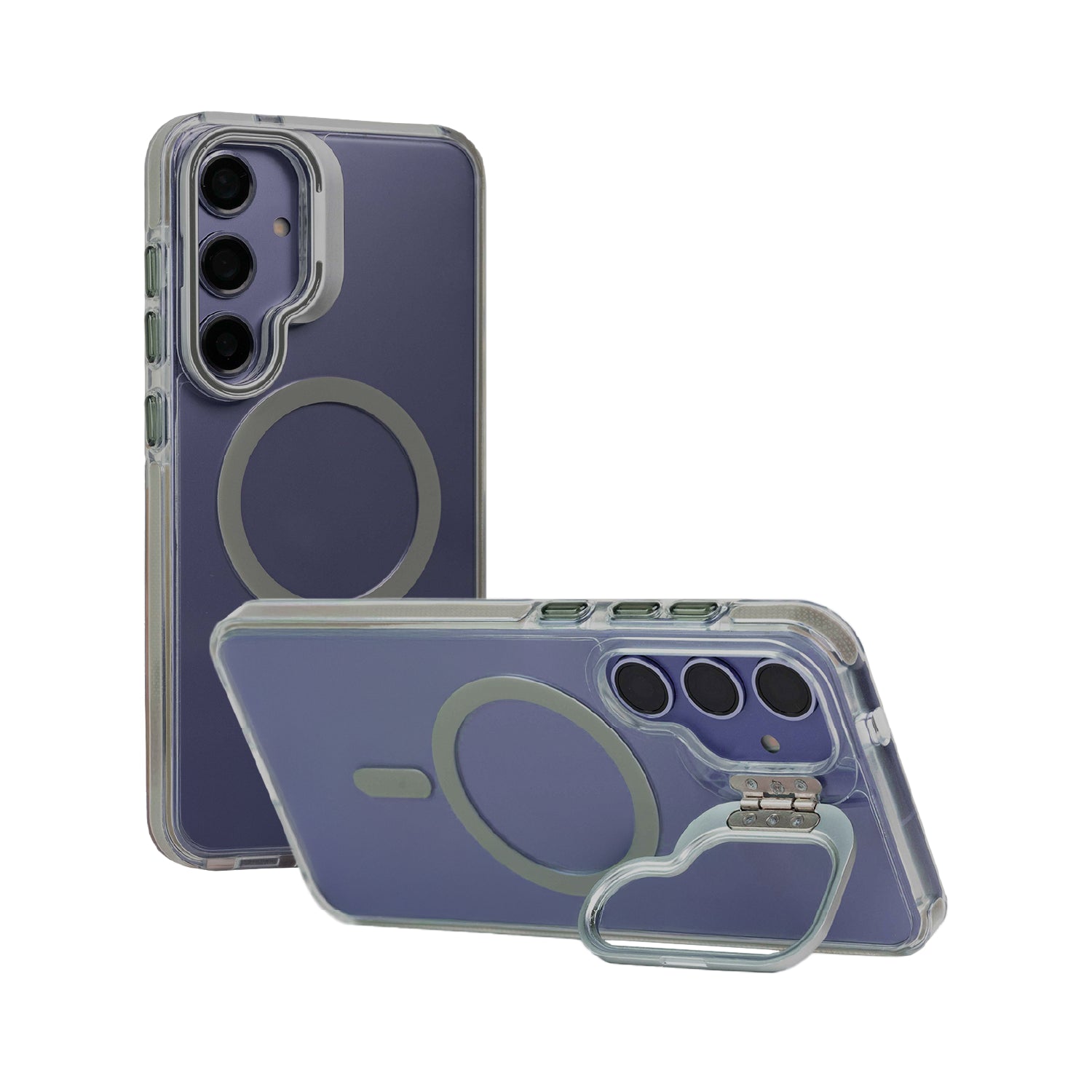 Case Pro gris con soporte de metal integrado, diseño robusto con cámara protegida y compatibilidad MagSafe visto desde dos ángulos.