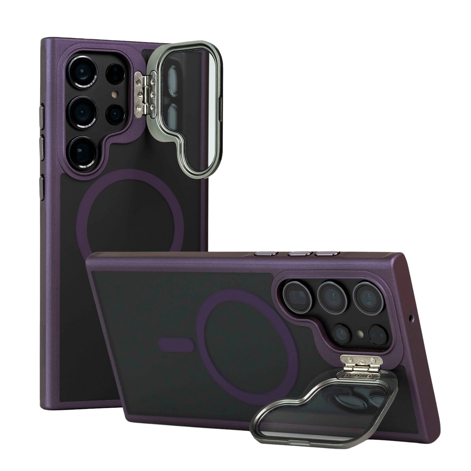 Case Pro Mate morado con soporte de metal integrado, diseño robusto con cámara protegida y compatibilidad MagSafe visto desde dos ángulos.