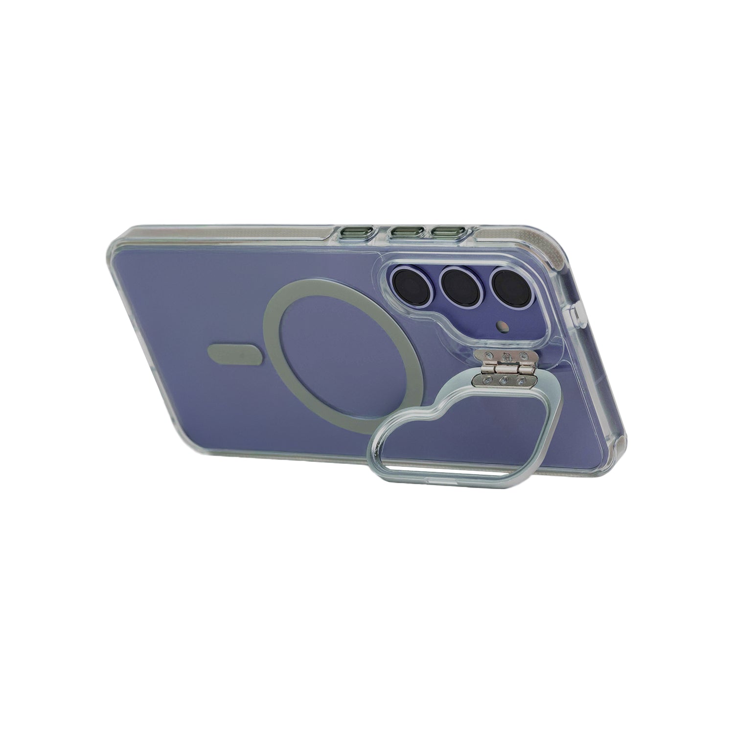 Funda Pro color gris con soporte metálico plegable, cámara protegida y compatible con MagSafe en posición horizontal.