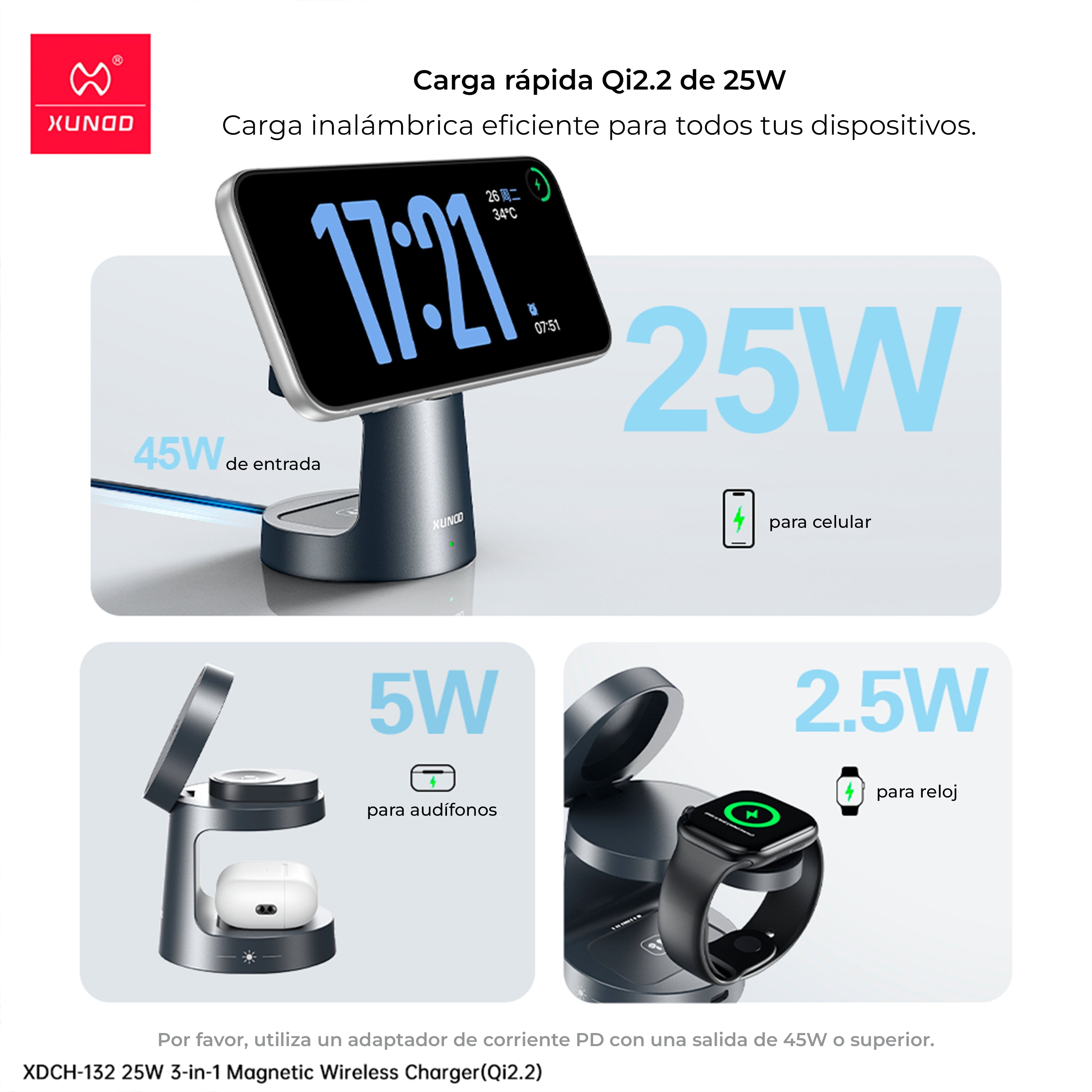 Cargador Stand Xundd  3 en 1 - 25W - Qi2.2