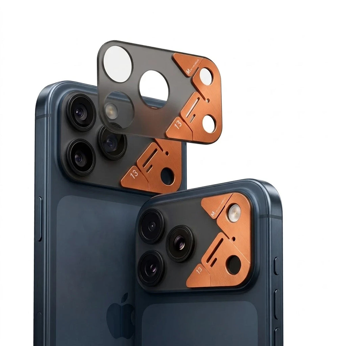 Protector de cámara OKSP a presión negro mate y naranja en iPhone 17 Pro azul