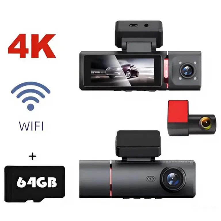Cámara para Auto DashCam 3 Cámaras WIFI 4K  + App + SD 64GB