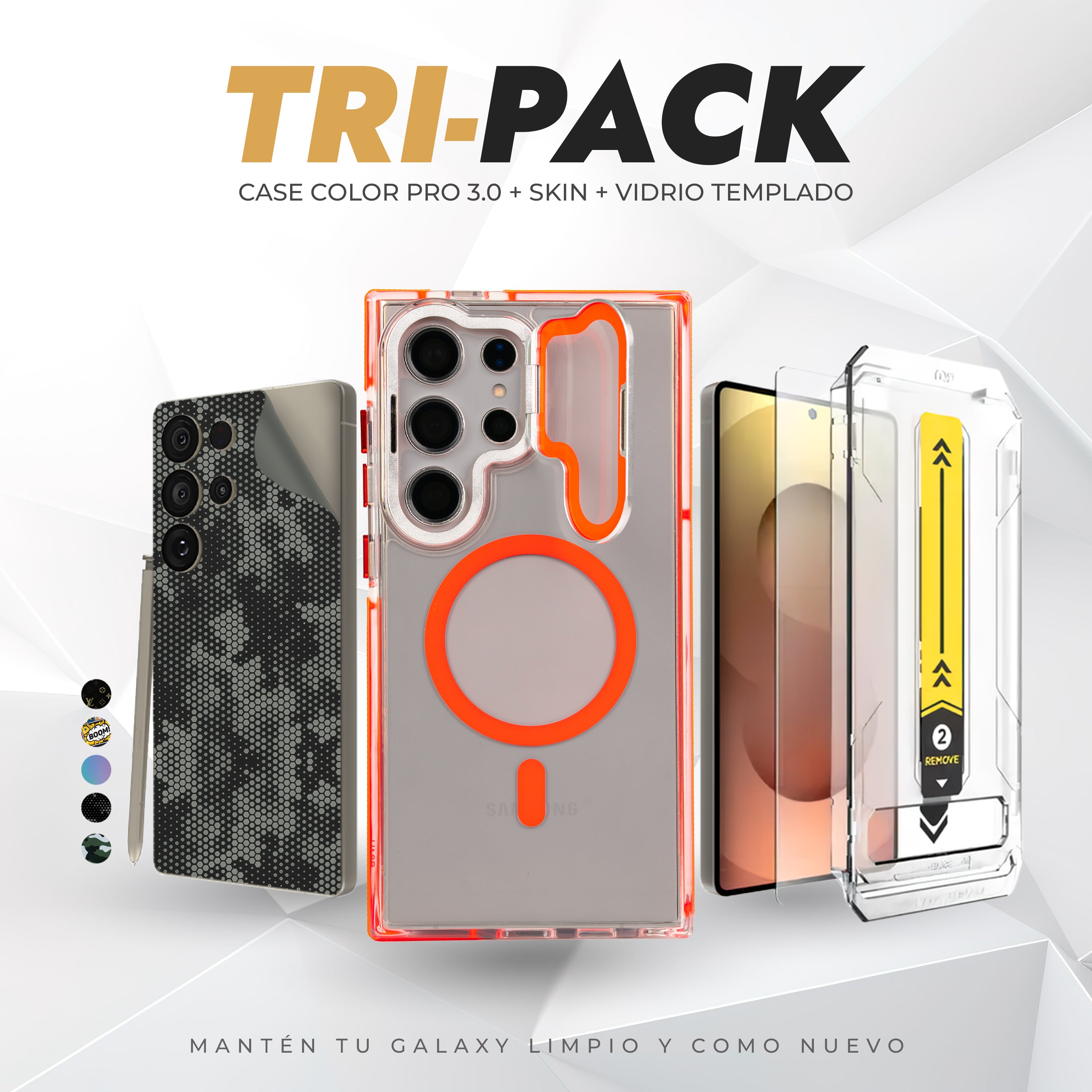 Tripack Galaxy S24 Ultra | Skin Premium + Case Color Pro 3 + Vidrio HD