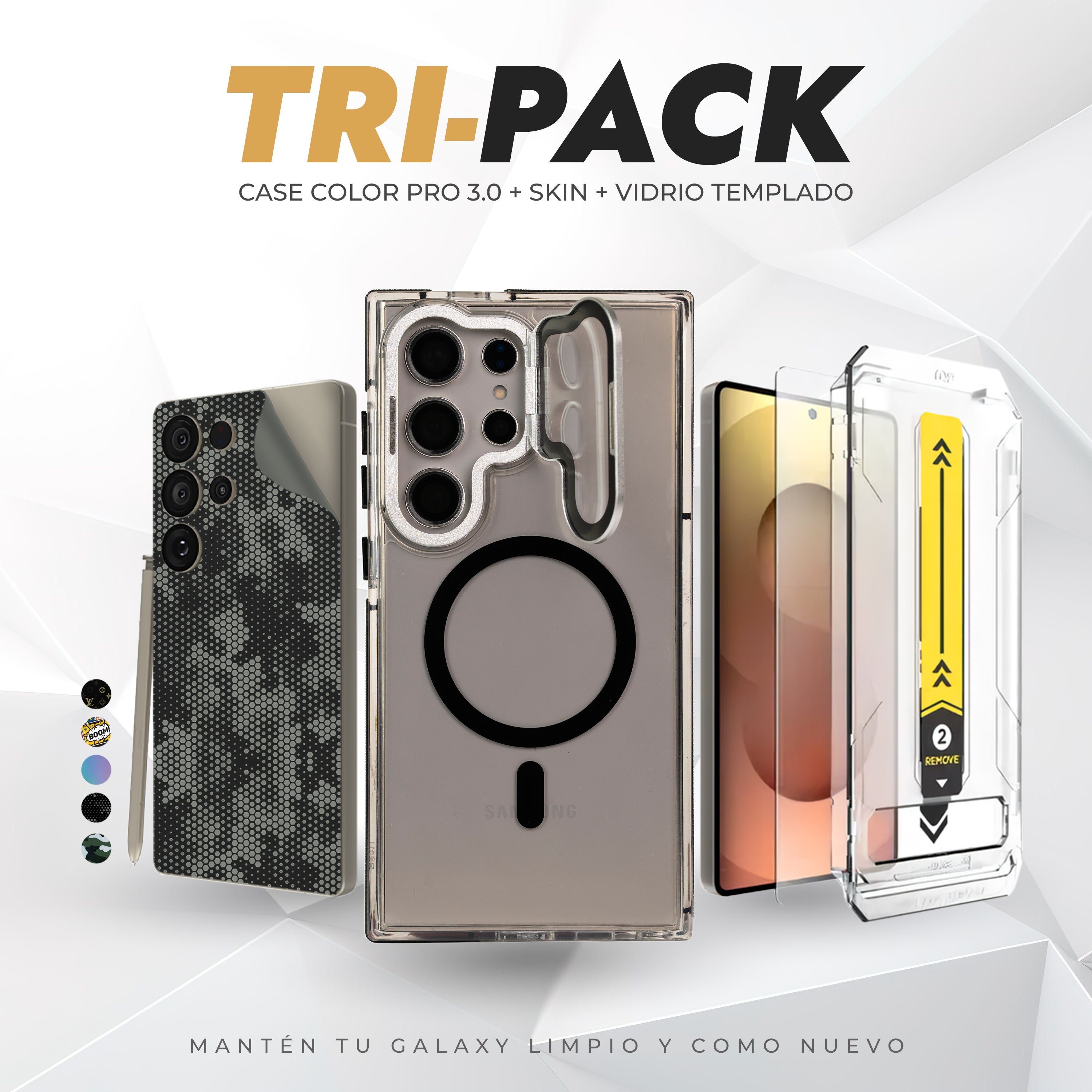 Tripack Galaxy S24 Ultra | Skin Premium + Case Color Pro 3 + Vidrio HD