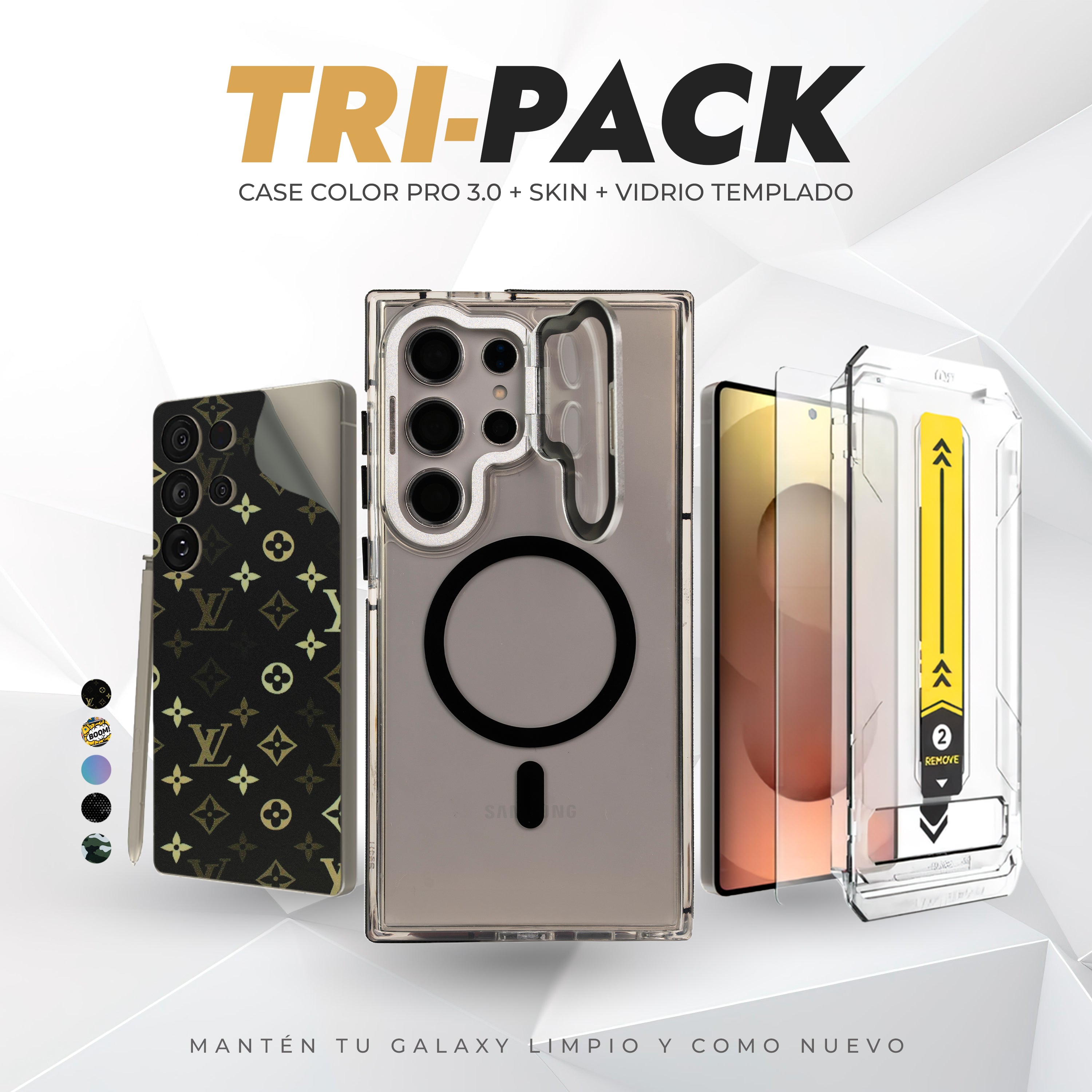 Tripack Galaxy S24 Ultra | Skin Premium + Case Color Pro 3 + Vidrio HD